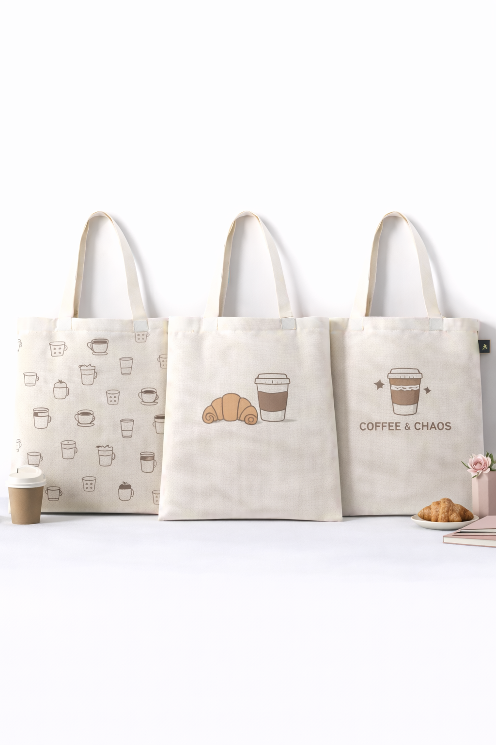 COMBO D-1 ,Café Girl Print Canvas Tote Bags